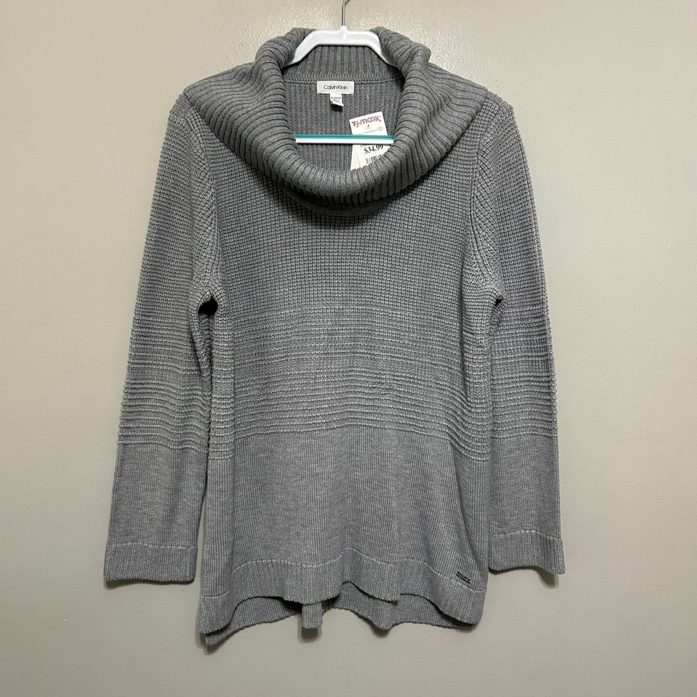 Calvin Klein Mens Sweater L Grey Cowl Neck Textured Knit NWT Quiet Luxury Preppy